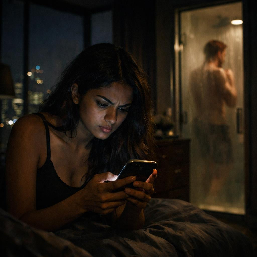 Une femme assise sur un lit regarde le téléphone de son compagnon avec une expression inquiète, tandis que celui-ci est sous la douche à l’arrière-plan, illustrant la méfiance et la peur de la trahison dans le couple.