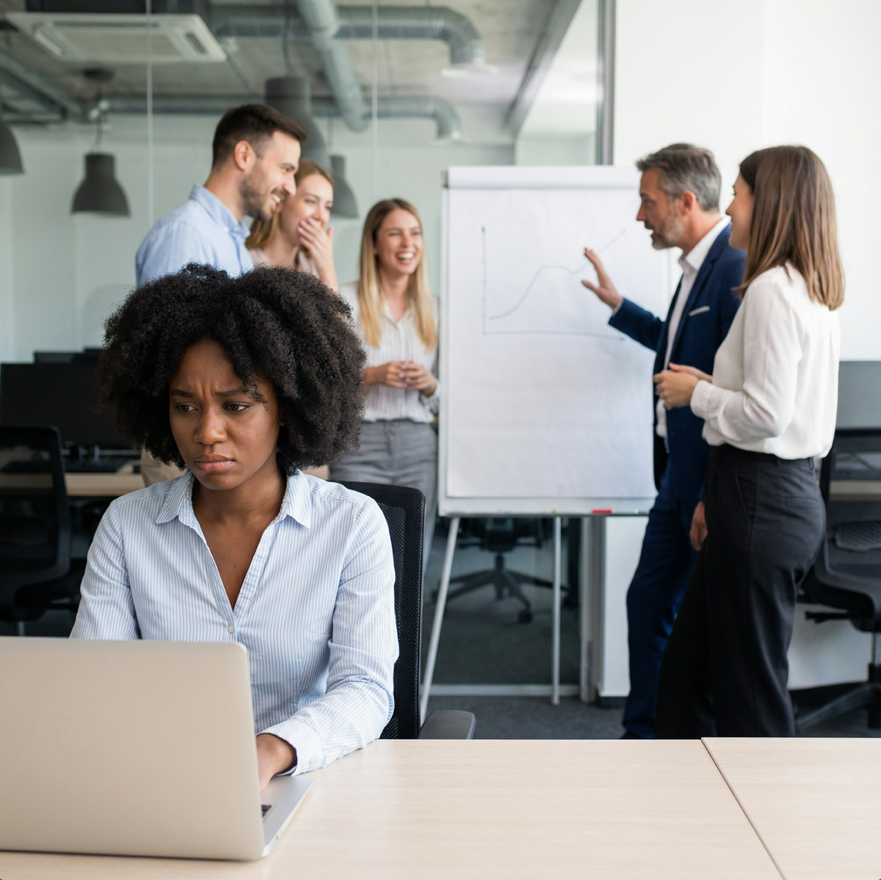 Une femme noire assise seule à son bureau, l’air préoccupé, travaille sur un ordinateur portable tandis qu’un groupe de collègues échange et rit derrière elle lors d’une réunion, illustrant un sentiment d’exclusion et d’injustice au travail.